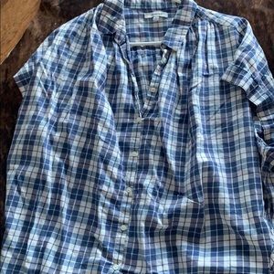 plaid open back button down